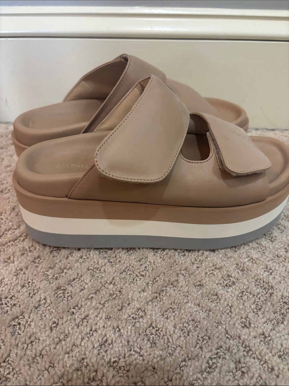 Paloma Barceló Taupe and White Layered Platform Slide Sandals